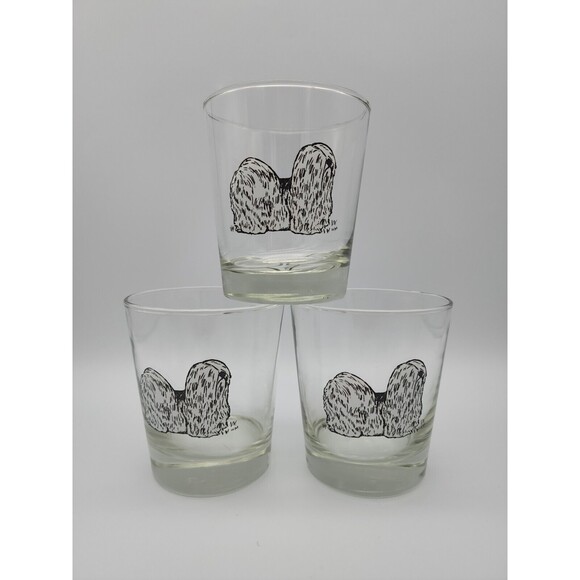 Maltese, Lhasa or Shitsu on The Rocks Bar Glasses Libbey Set Of 3 Vintage - Picture 1 of 12